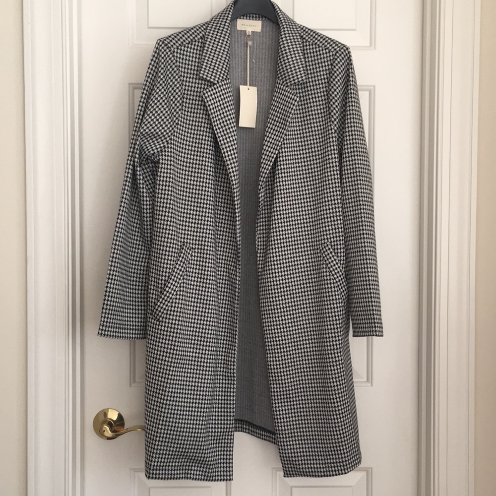 MELLODAY Trench Coat Size M white Black Houndstooth Collar Pockets Long Sleeves